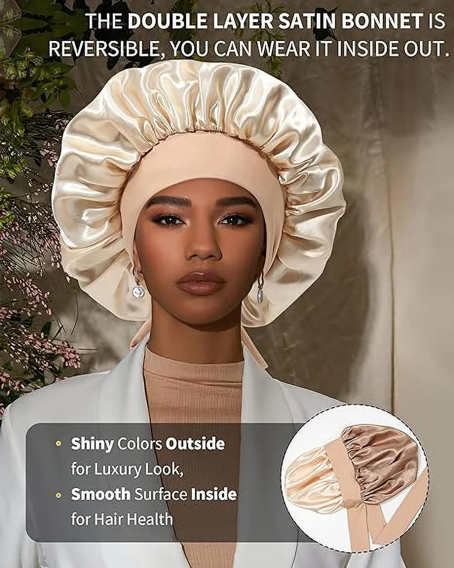 Satin Bonnet Silk Bonnet for Sleeping Silk Sleep Cap Double Layer Hair Bonnet with Elastic Tie Band for Curly Hair Night Cap