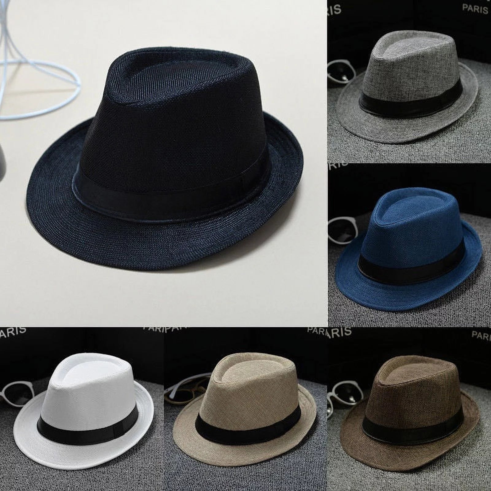 Cool Unisex Vintage Blower Jazz Hat Women/Men Casual Trendy Beach Sunhats Straw Panama Cap Cowboy Fedora Gangster Cap with Black Ribbon